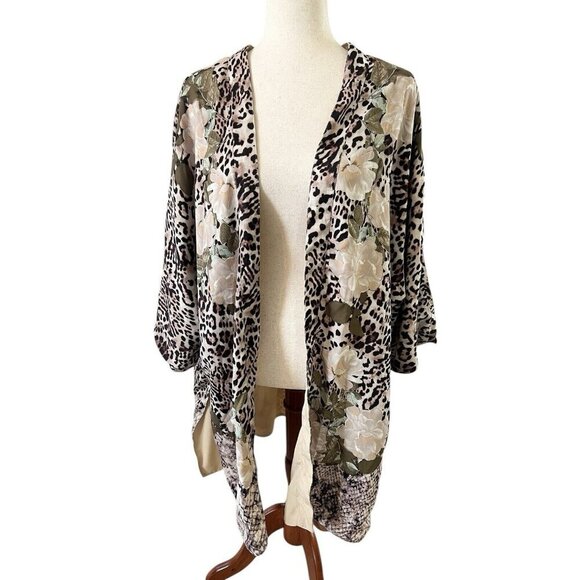 Chicos Kimono Top Womens L/XL Floral Leopard Open Front Short Sleeve Boho Hippie - Picture 2 of 9